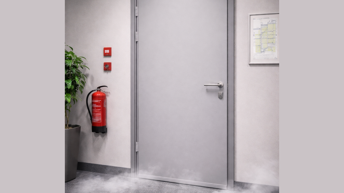 Grey fire-rated security door with adjacent fire extinguisher and alarm system
