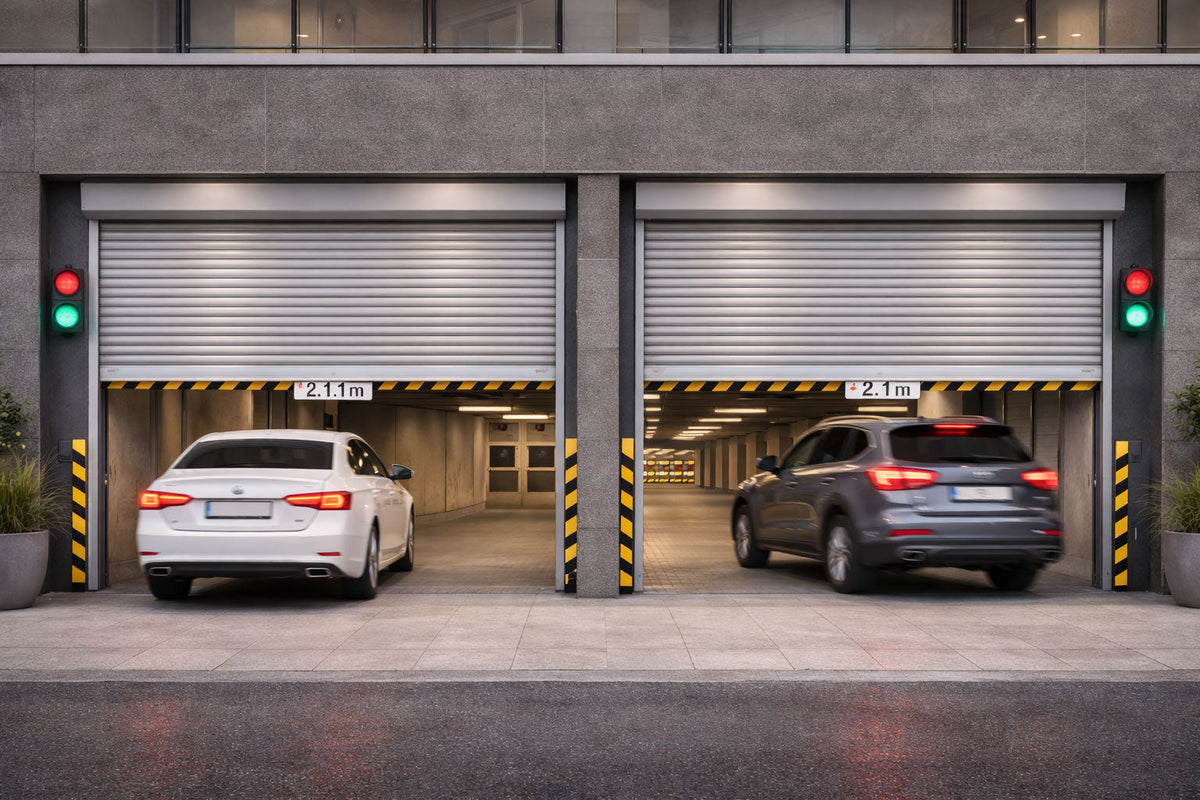 White and grey cars entering a car park with open industrial roller shutters.