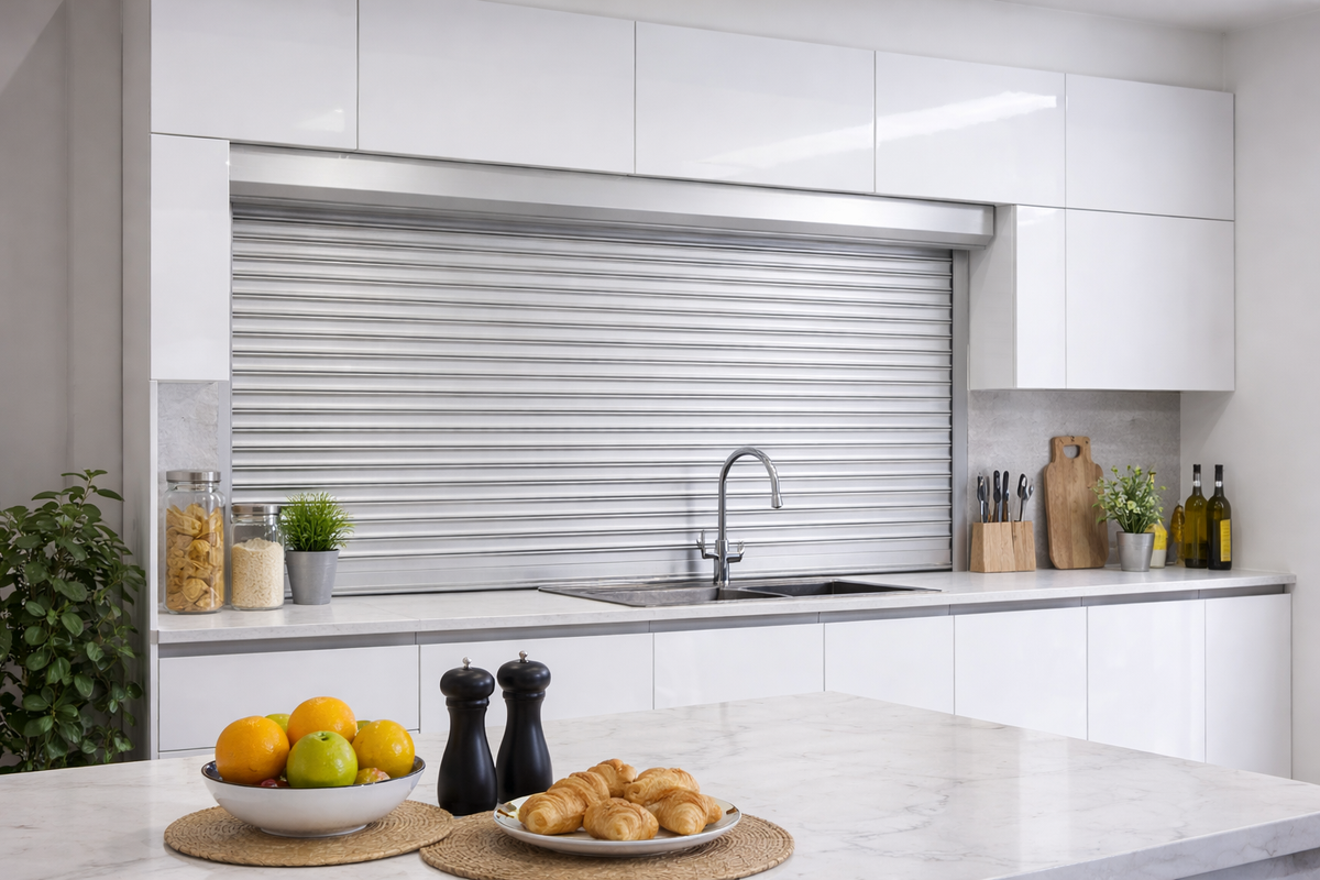Modern white kitchen featuring a silver insulated roller shutter over the sink area.