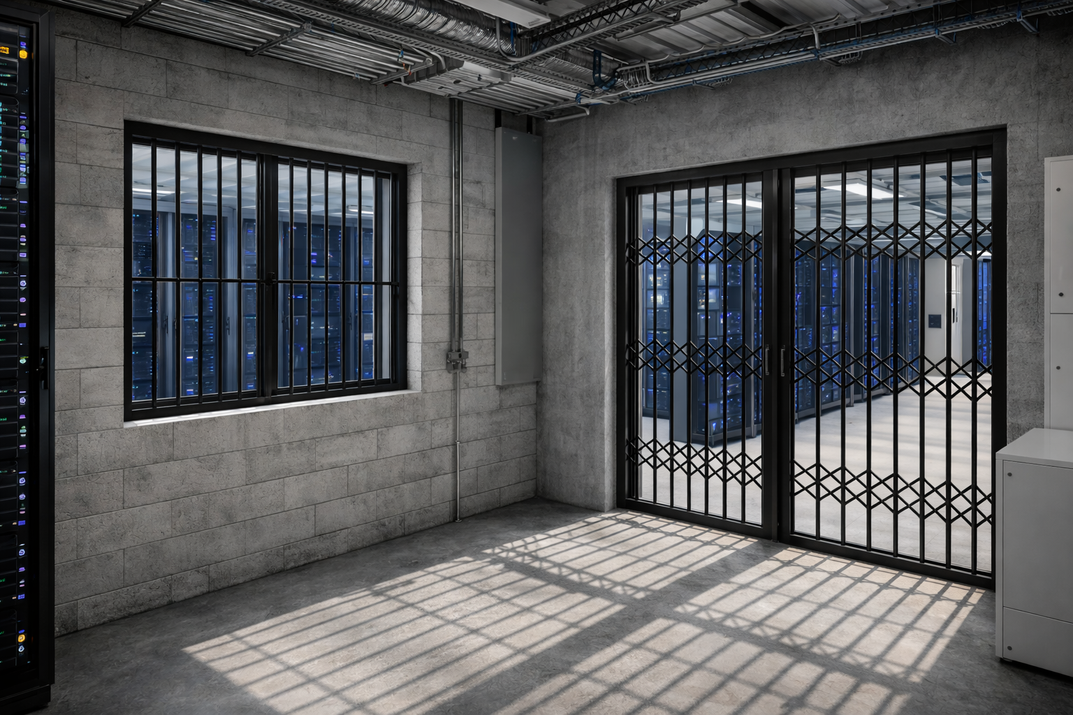 Security grille doors and window bars protecting a server room with data racks