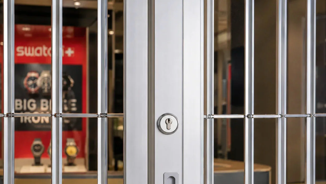 Steel security grille with key lock, protecting retail store interior