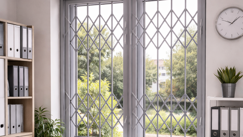 Security grille with diamond pattern installed on glass doors, enhancing home or office safety.