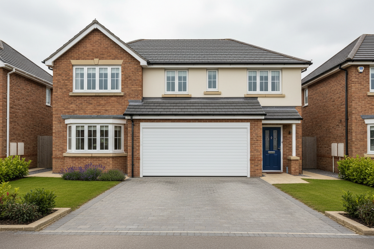 Modern brick house featuring a white energy-efficient roller garage door and paved driveway.