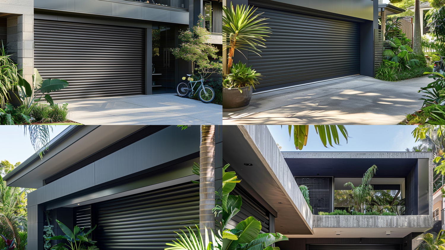 Modern black roller garage doors on contemporary homes with tropical landscaping