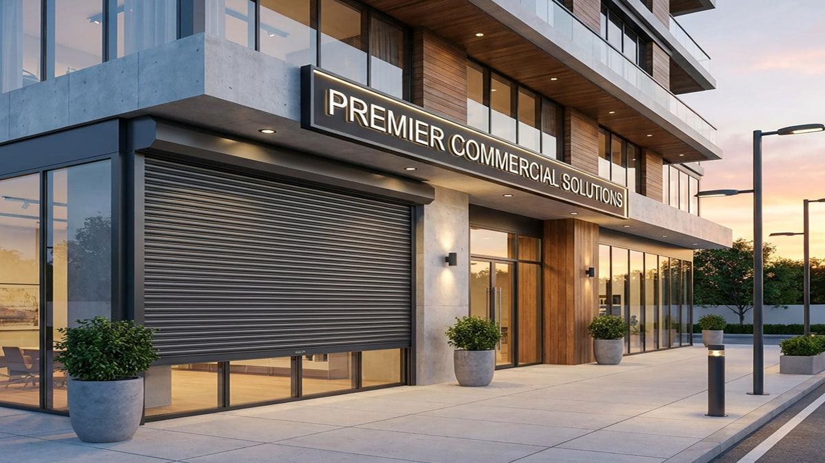 Grey commercial roller shutter installed on a modern storefront of Premier Commercial Solutions.