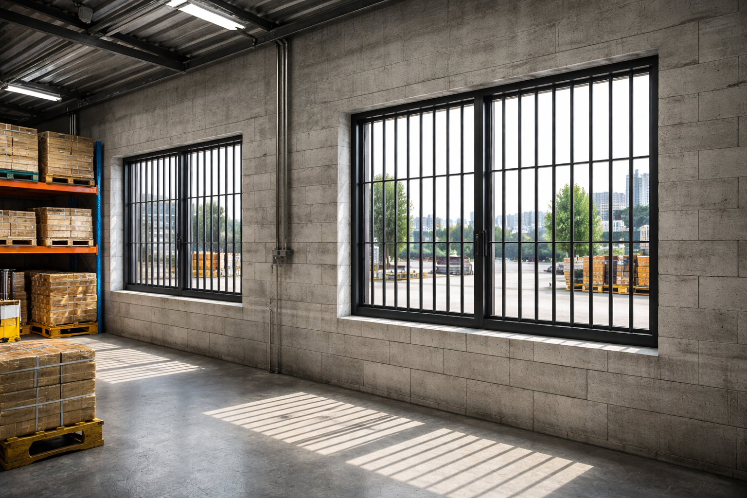 Industrial warehouse with security grilles on windows, concrete walls, and pallets inside.