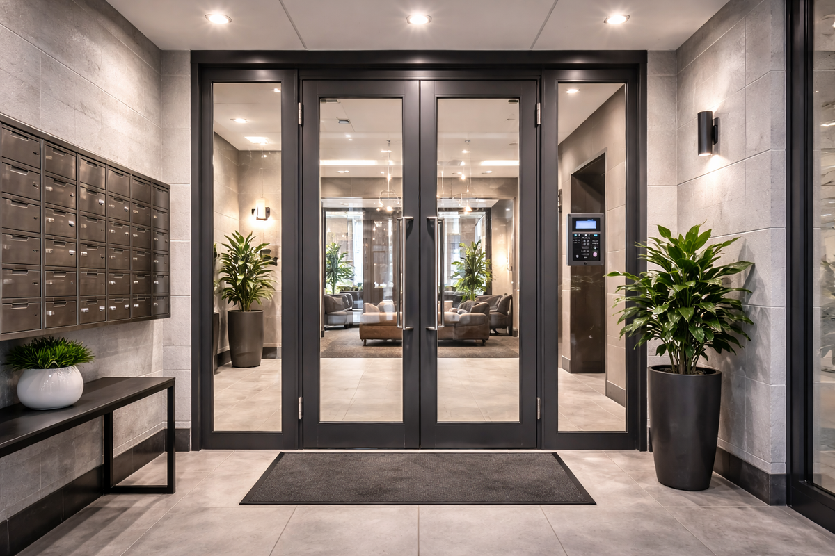 Modern glass apartment security doors with a digital access control system in a lobby.