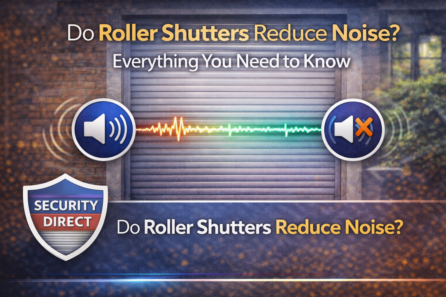 Roller shutter noise reduction guide with sound wave graphic and security shield icon