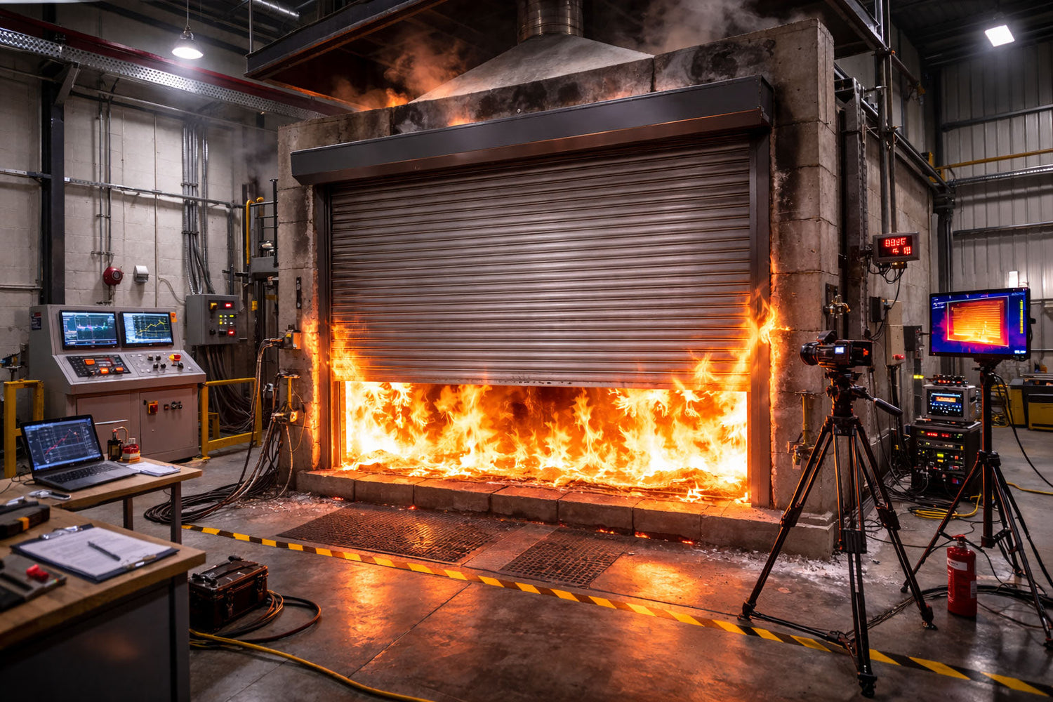Fire-rated roller shutter door undergoing flame resistance testing in industrial lab with monitoring equipment
