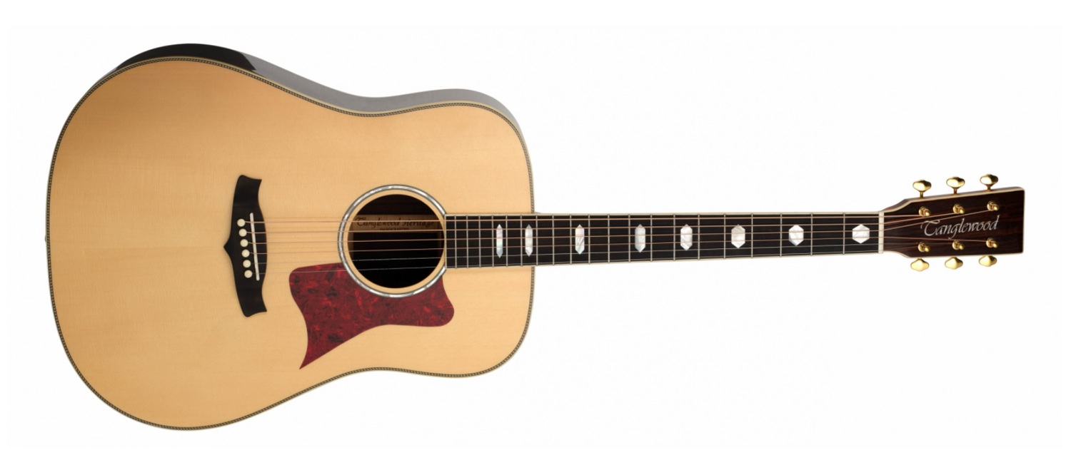 Canglewood acoustic guitar with natural wood finish and red pickguard