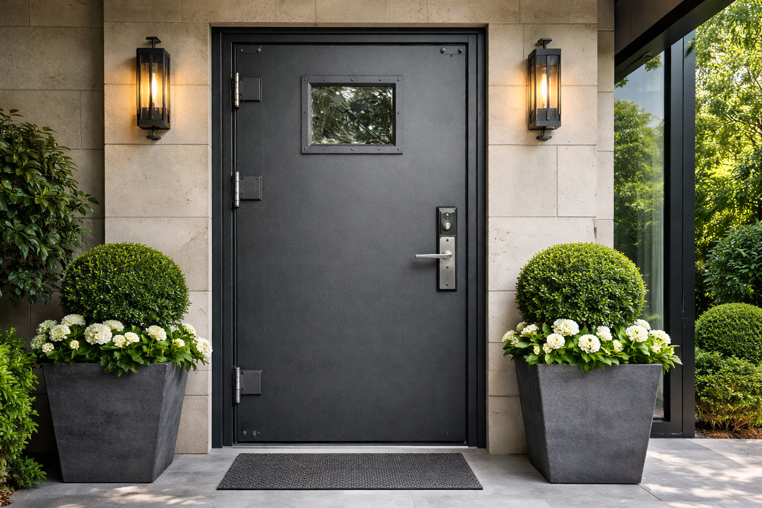 Modern black security door with window, flanked by planters and wall sconces on stone entryway