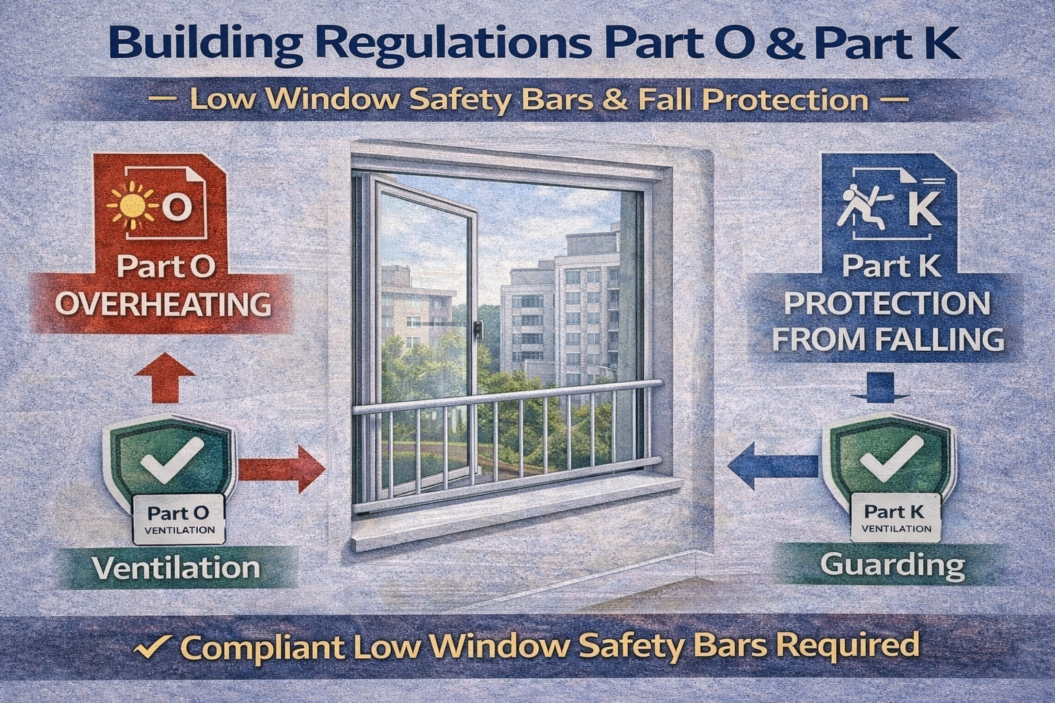 Low window safety bars for Building Regulations Part O & K compliance, preventing falls and overheating