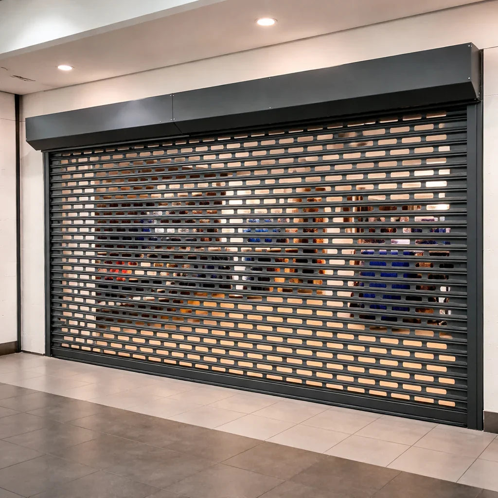 Black perforated roller shutter door for commercial security, installed in retail storefront