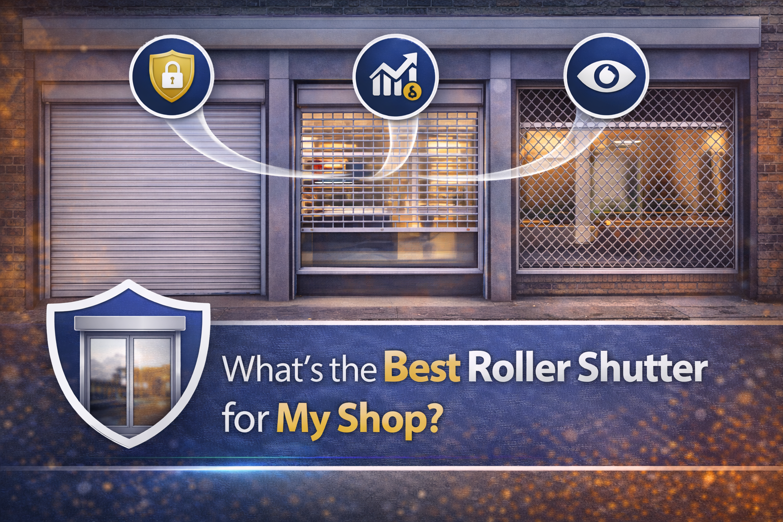 Best roller shutter for shop security, protection, and business safety with lock, growth, and surveillance icons