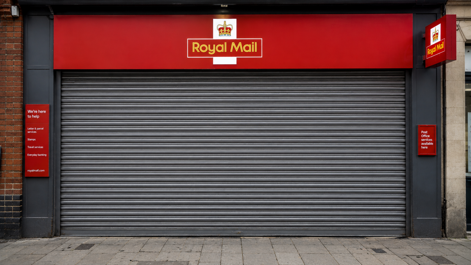 Royal Mail post office with closed grey roller shutter security door