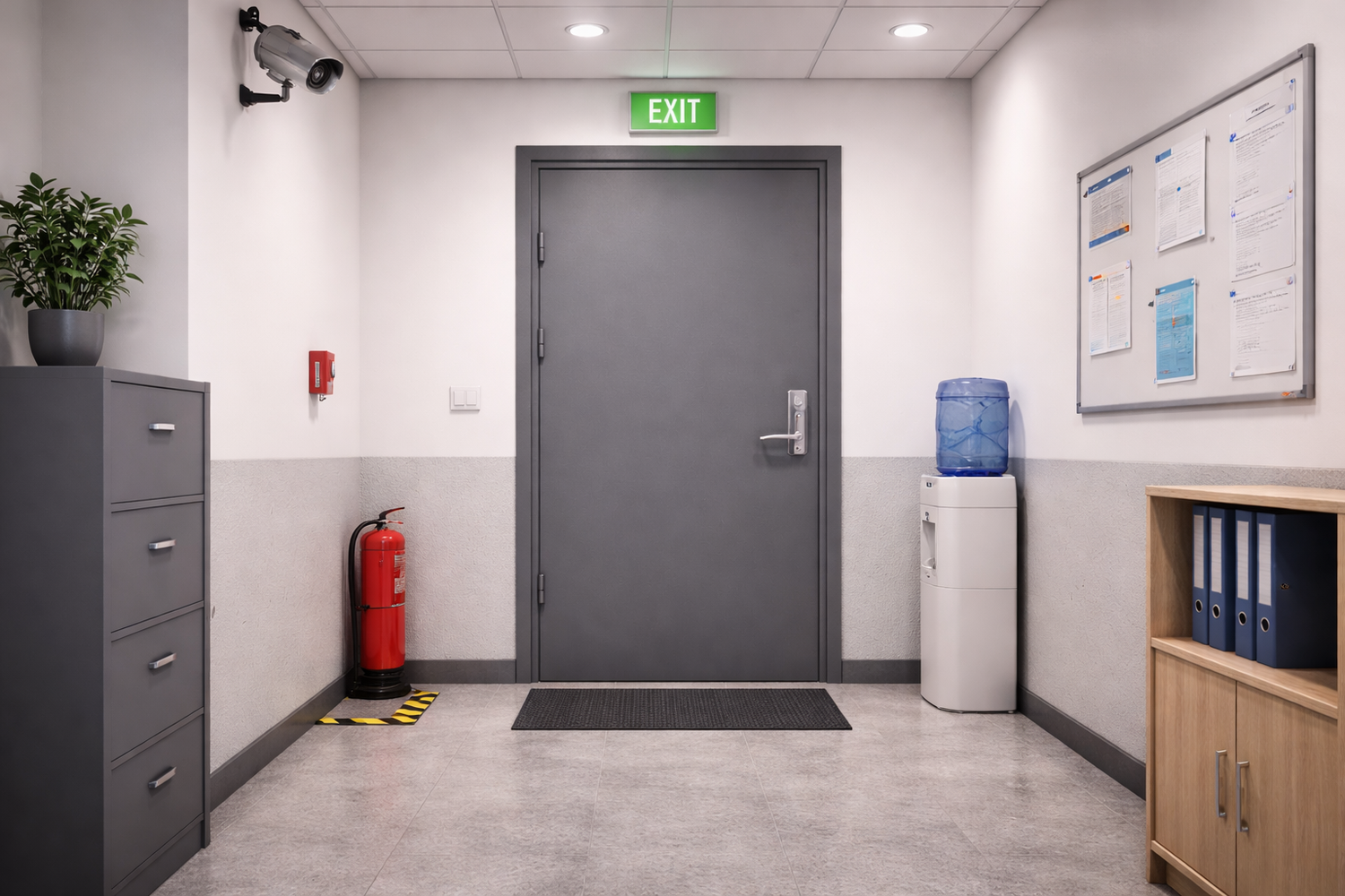 Secure office hallway with fire extinguisher, CCTV camera, and exit door for safety compliance