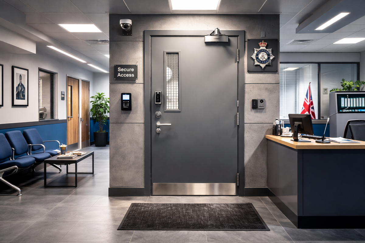 Professional grey steel security door with keypad access installed in a modern office hallway