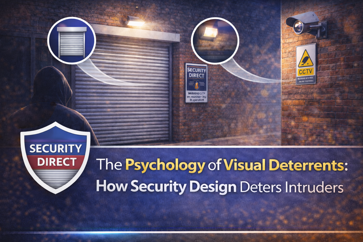 Security deterrents like CCTV, warning signs, and lighting deter intruders at a secured property entrance