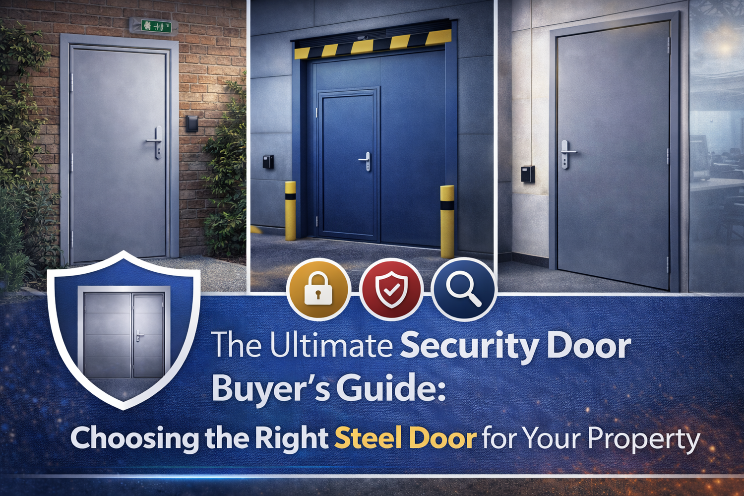 Security steel doors for commercial and residential properties with buyer’s guide icons