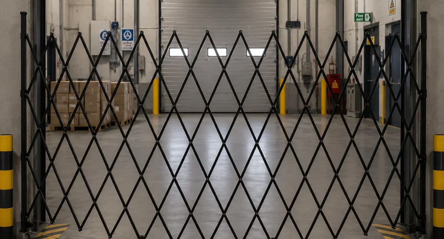 Black expandable security grille in warehouse with steel roller shutter background