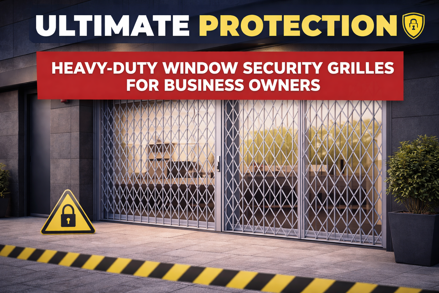 Heavy-duty window security grilles for business protection with diamond mesh design