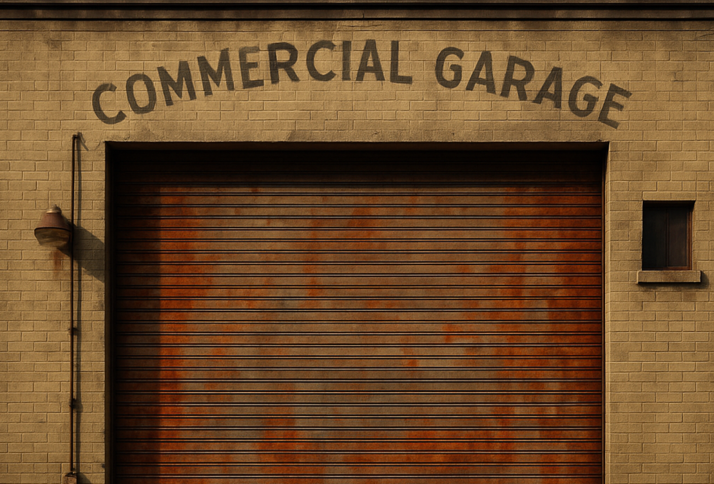 Rusty roller shutter on commercial garage with brick wall and vintage lighting