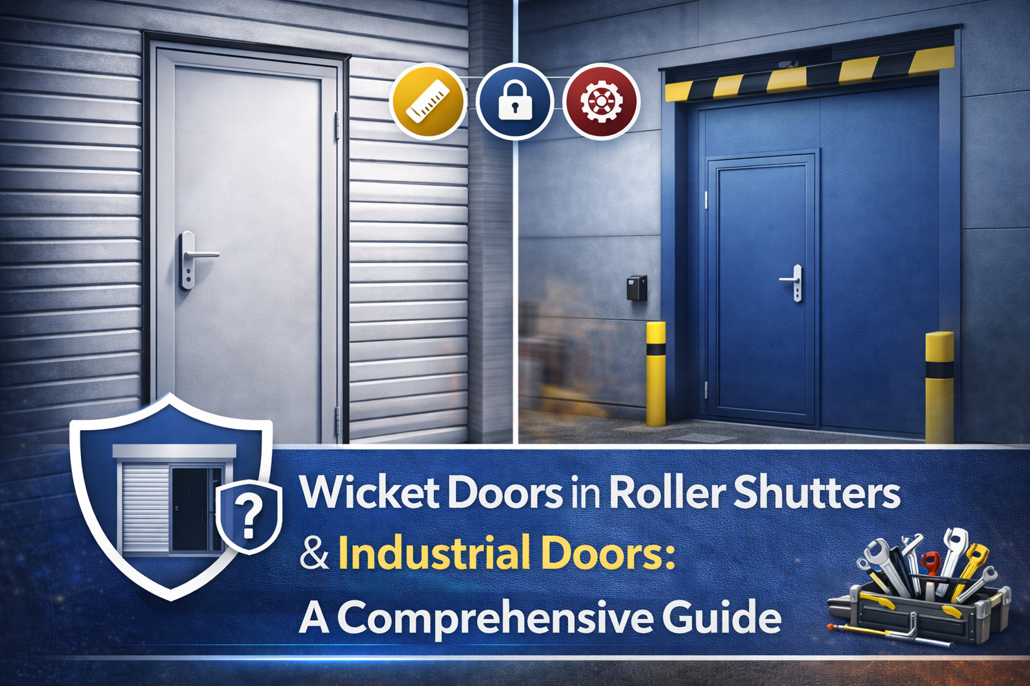 Wicket doors in roller shutters and industrial doors guide with security icons and tools