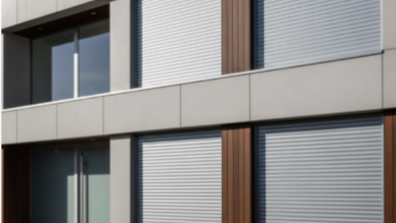 Modern building with steel security roller shutters and sleek architectural design