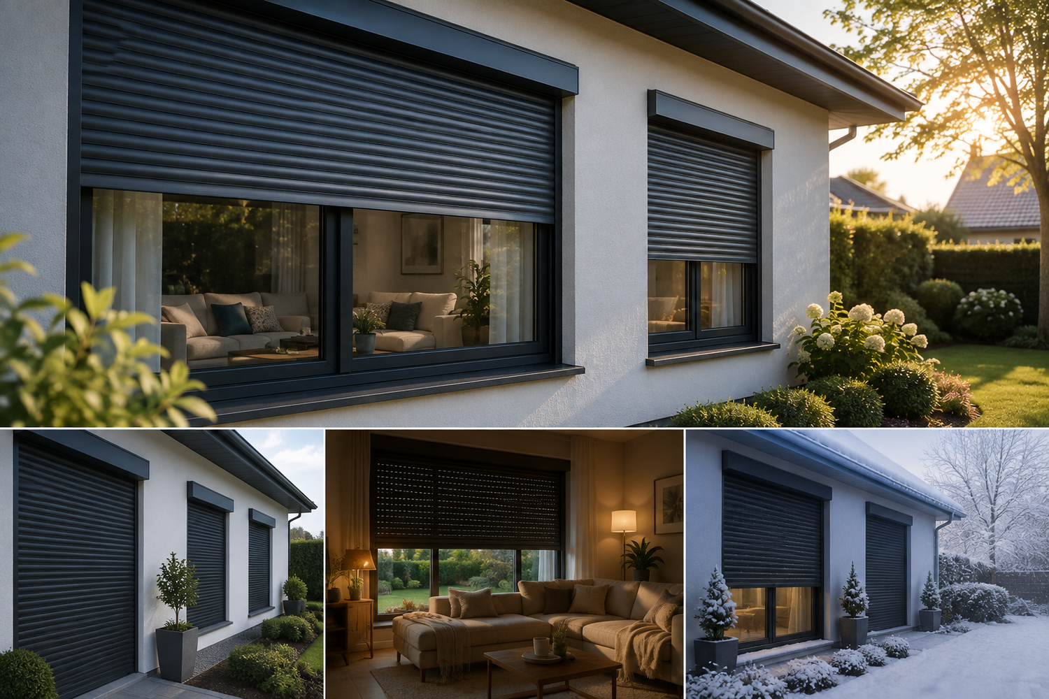Modern anthracite grey roller shutters installed on residential windows.