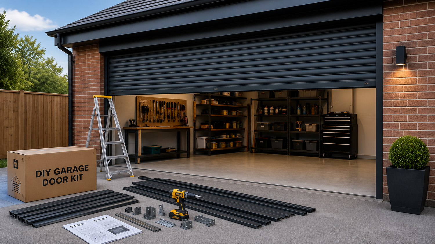 DIY garage door kit with black roller shutter components and tools for installation