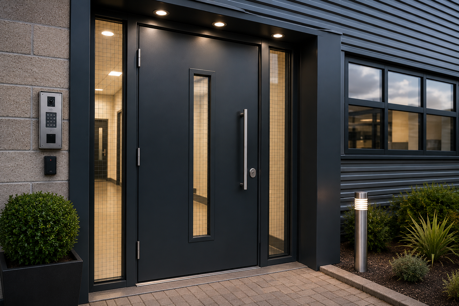 Modern black steel security door with vertical glass panel, keypad entry, and side lights for commercial property