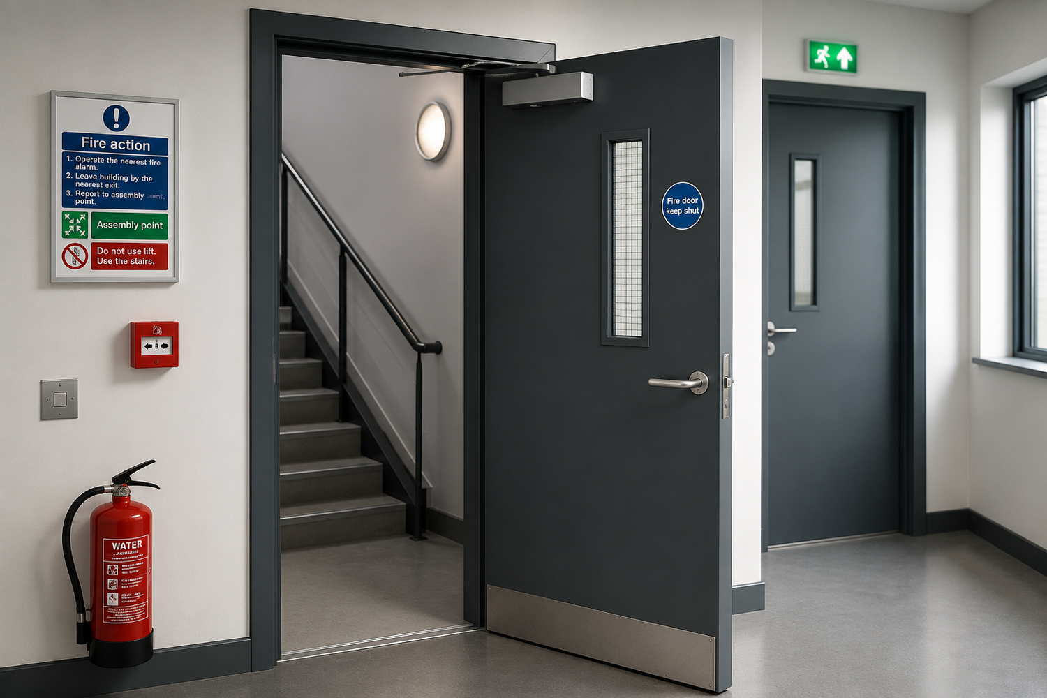Black fire door with safety signage, fire extinguisher, and staircase in commercial hallway