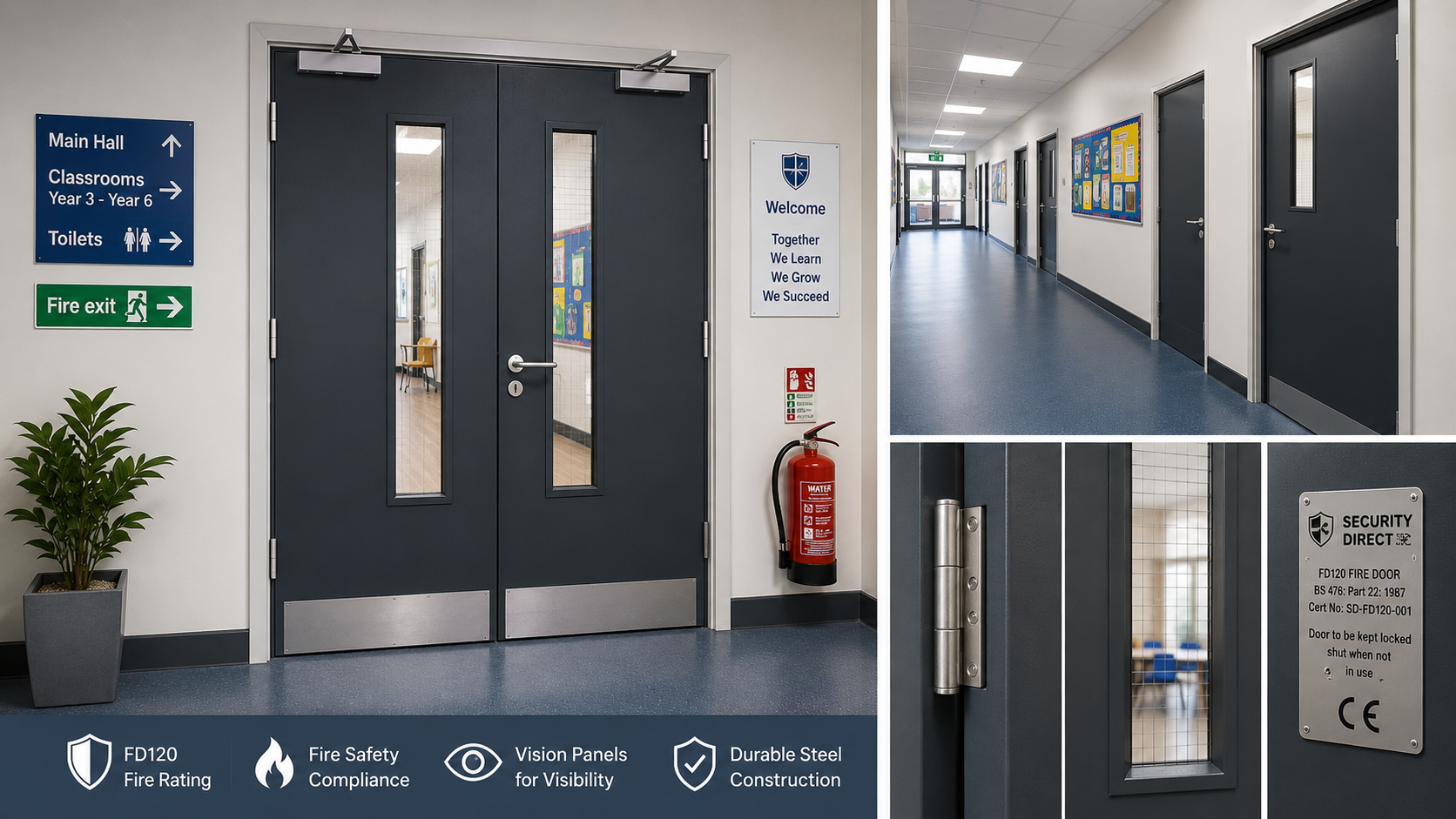 FD120 fire-rated steel security doors with vision panels for schools, ensuring safety and visibility.
