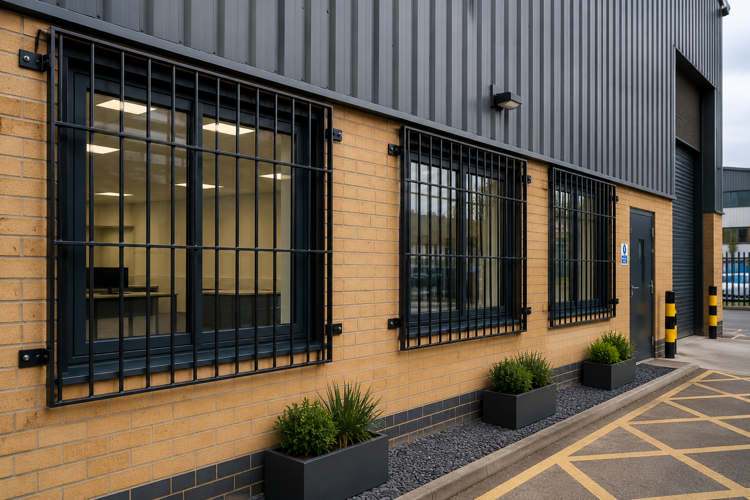 Black steel security grilles on commercial building windows, protecting office space with modern brick and metal facade.