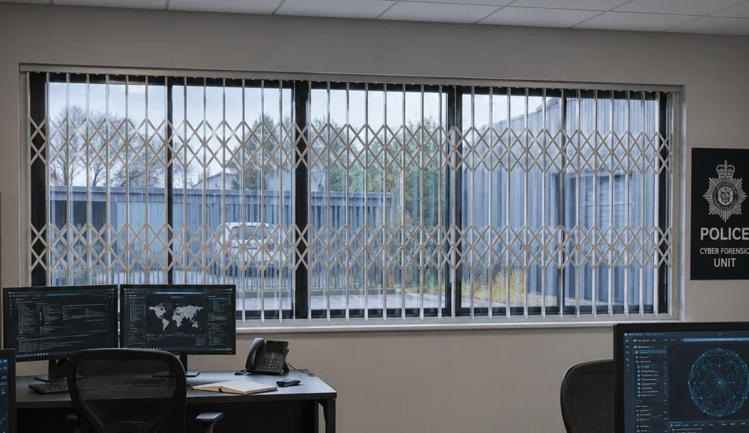 Security grille installed on office window, protecting police cyber unit workspace with diamond mesh design
