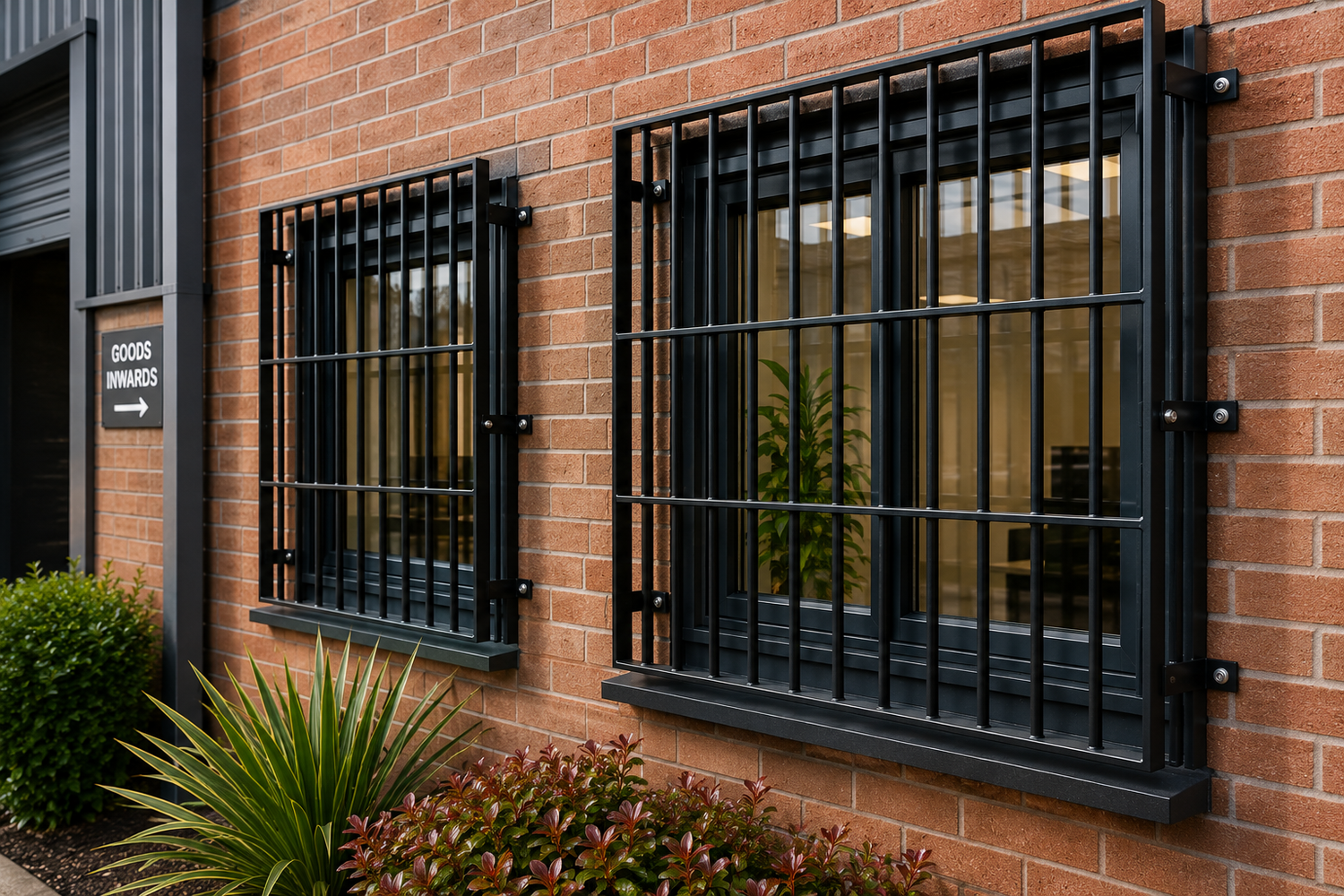 Black security grilles on brick building windows, protecting commercial property with robust metal bars.