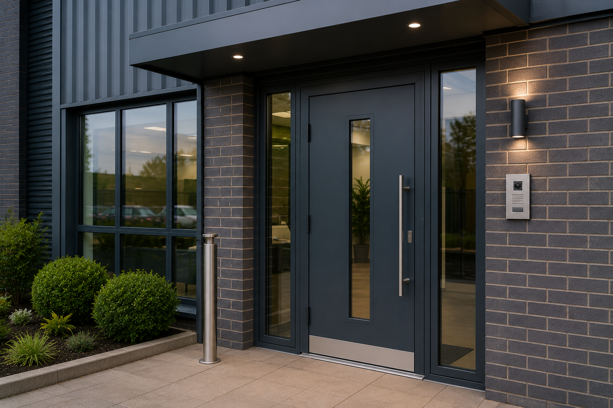 Modern dark grey steel security entrance door with glass side panels and intercom system.