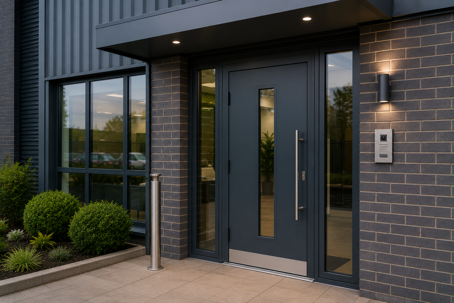 Modern steel security door with glass panels and sleek handle, installed on commercial building entrance