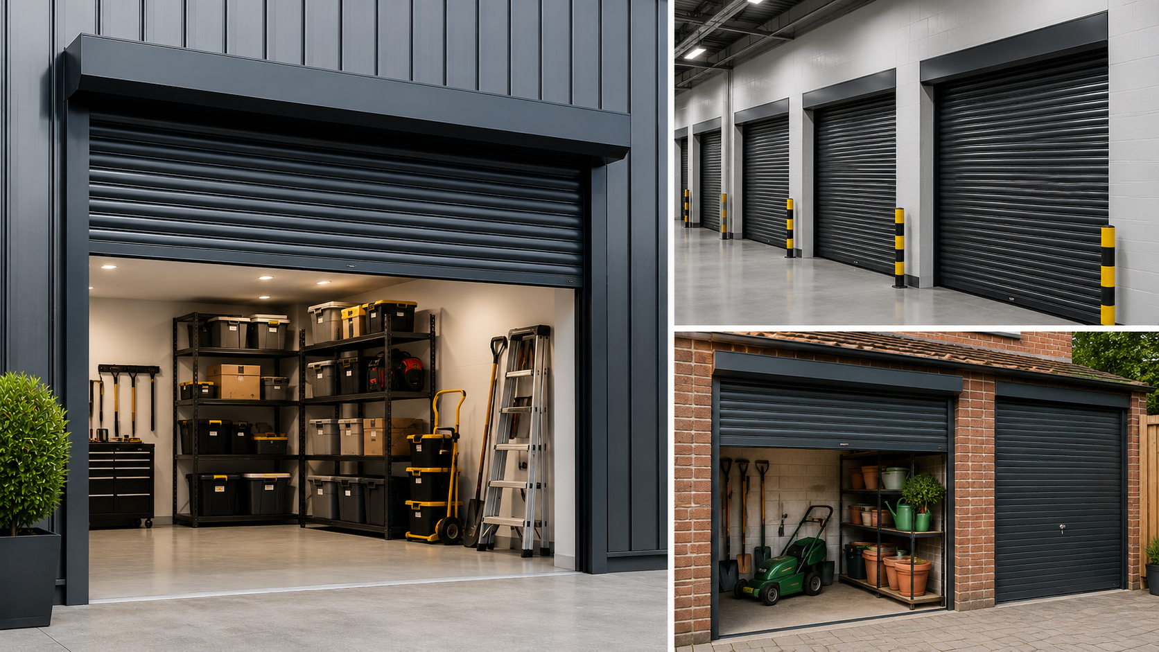 Black roller shutters for garages, warehouses, and storage units – secure, durable, and sleek design