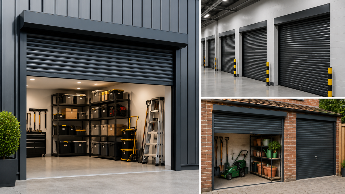 Anthracite grey roller shutters installed for industrial warehouse and residential garage storage.