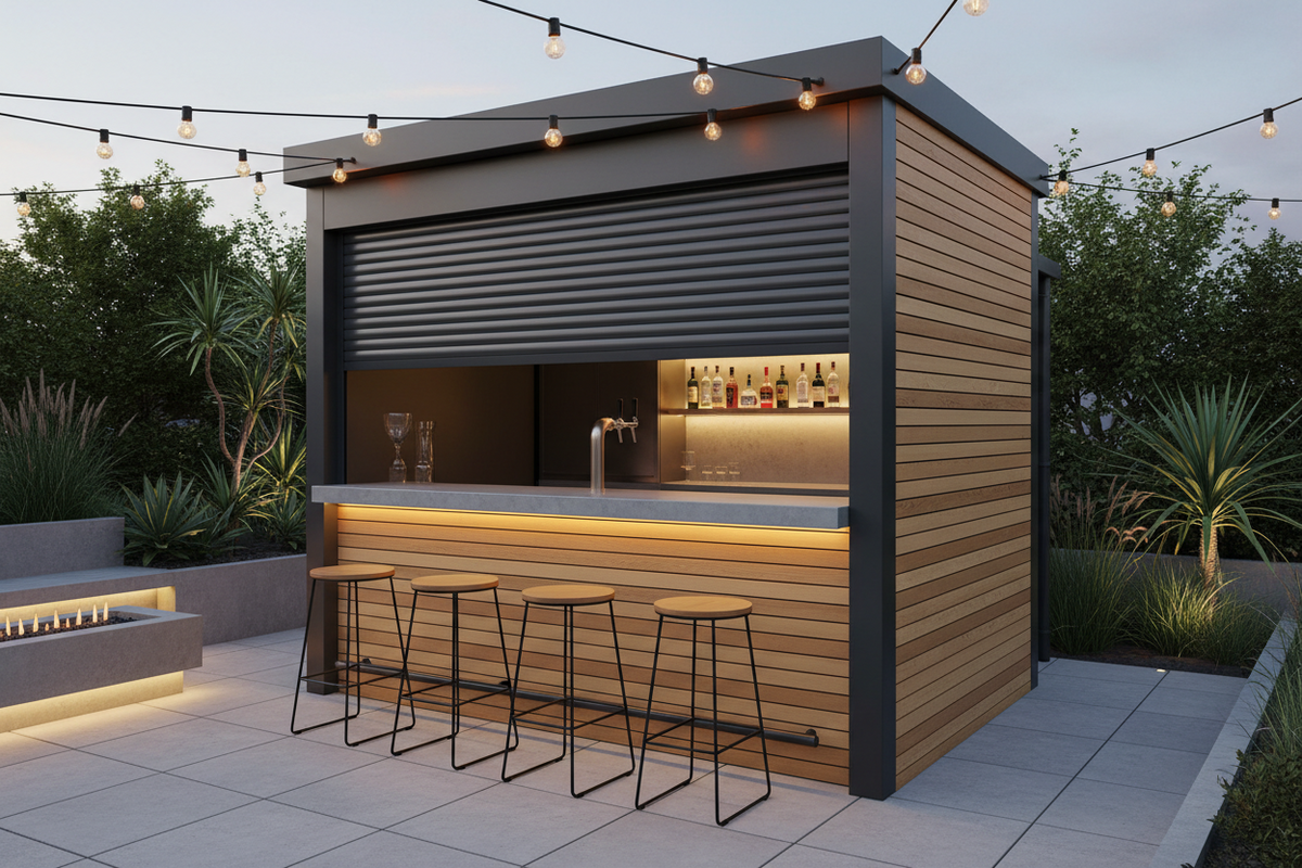 Outdoor bar with wooden cladding and a grey roller shutter for security.