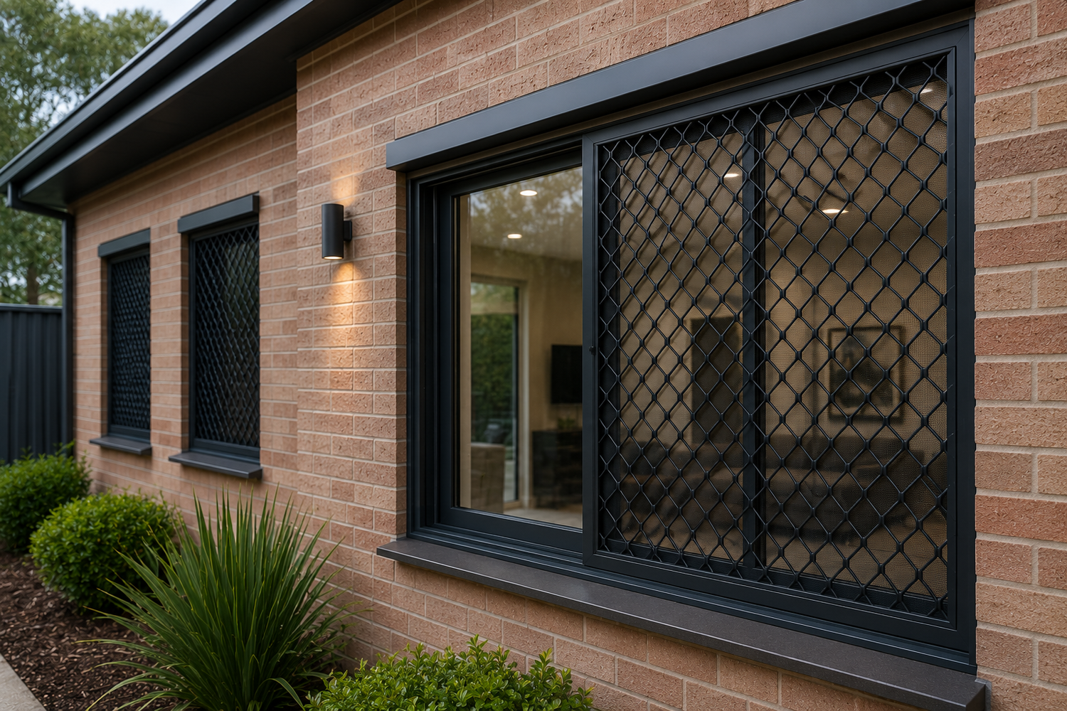 Black diamond mesh security grille on brick home window, enhancing property safety and modern curb appeal.