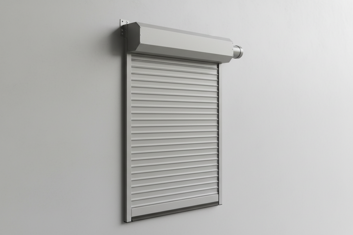 Grey electric roller shutter door installed on a plain white wall.