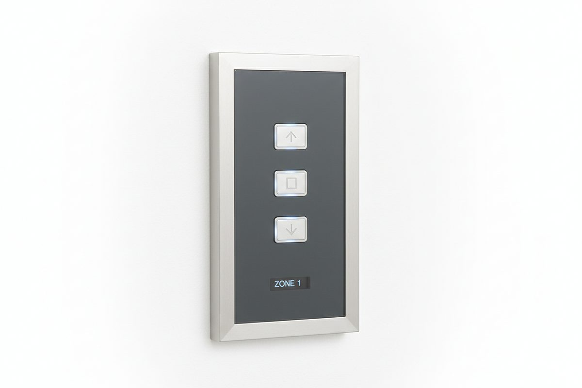 Wall-mounted roller shutter control panel with up, stop, and down buttons for Zone 1
