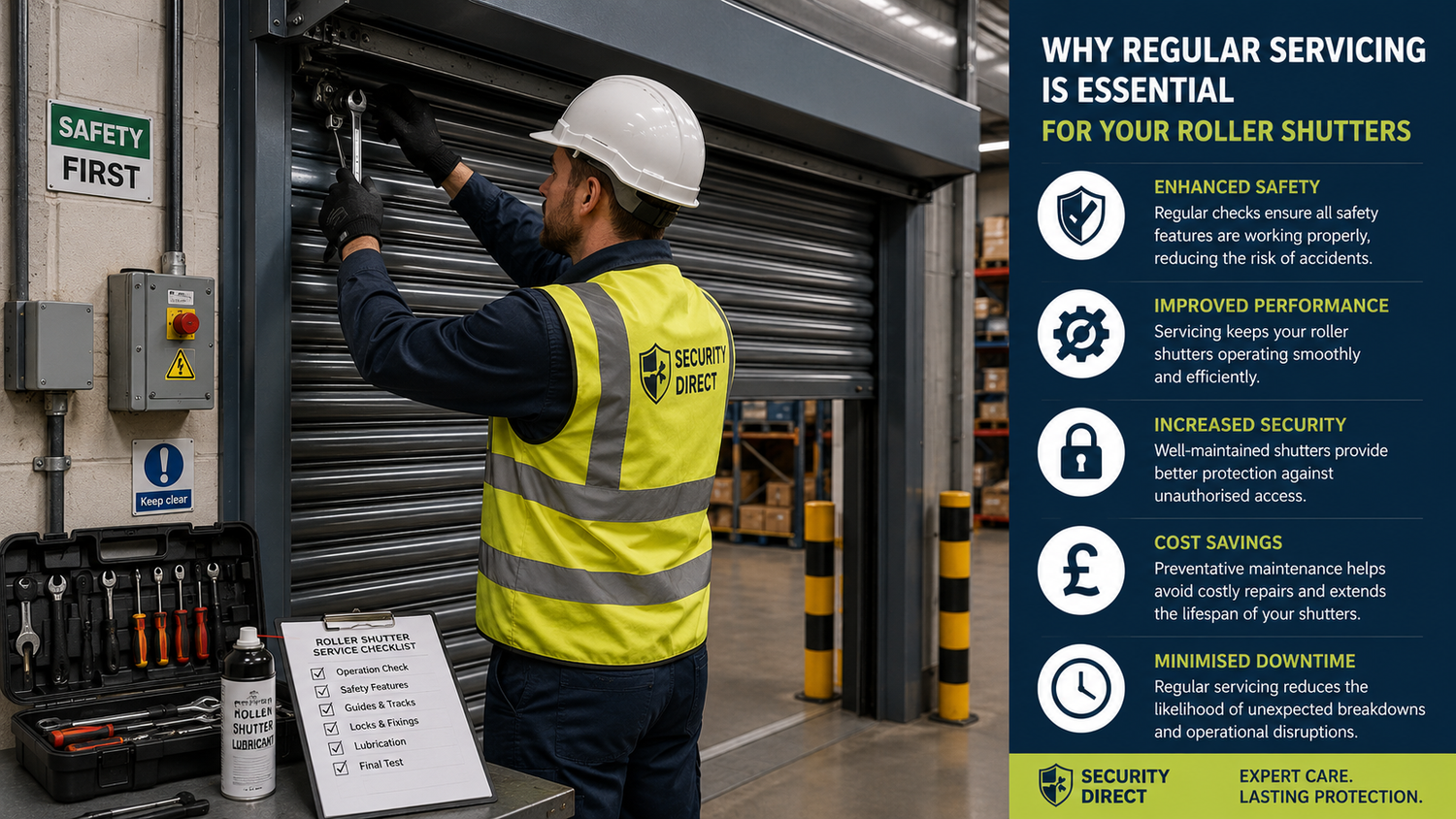 Technician servicing industrial roller shutter with tools and checklist for enhanced safety and performance