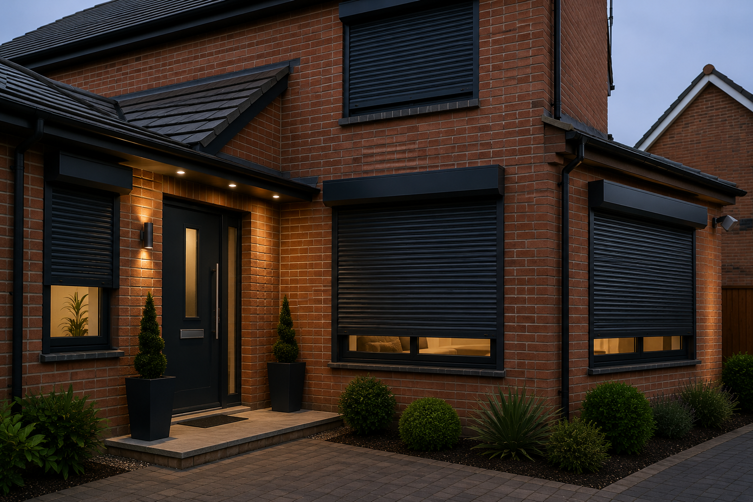 Black roller shutters on brick home exterior, enhancing security and modern curb appeal at dusk