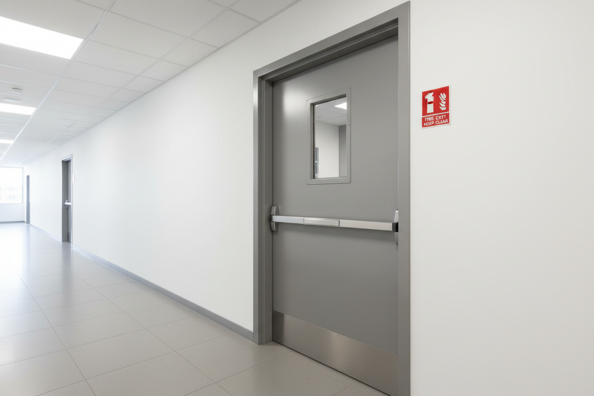 Grey industrial steel fire door with panic bar and fire exit sign in a white corridor