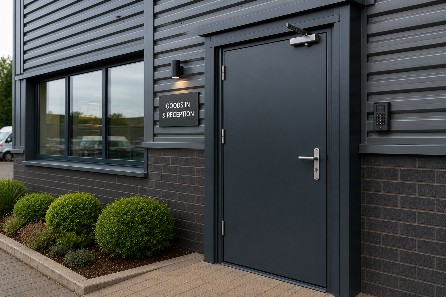Secure steel security door with keypad access for goods in & reception area