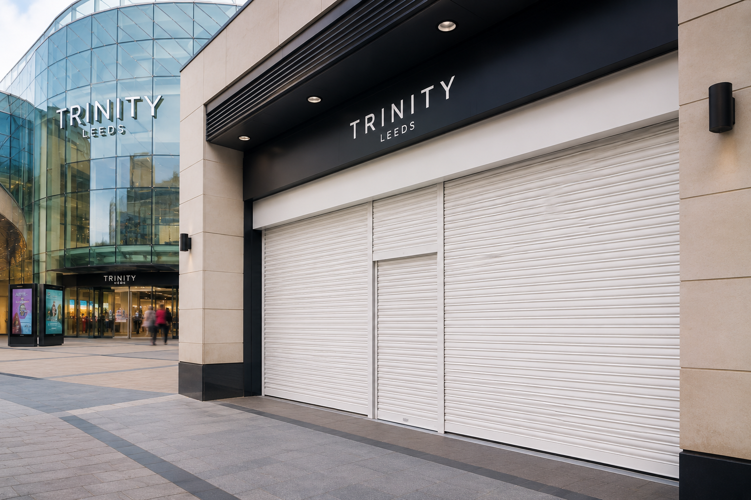 White roller shutters securing Trinity Leeds storefront, modern commercial security solution