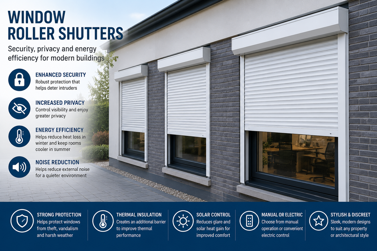 White window roller shutters installed on a modern grey brick building facade.